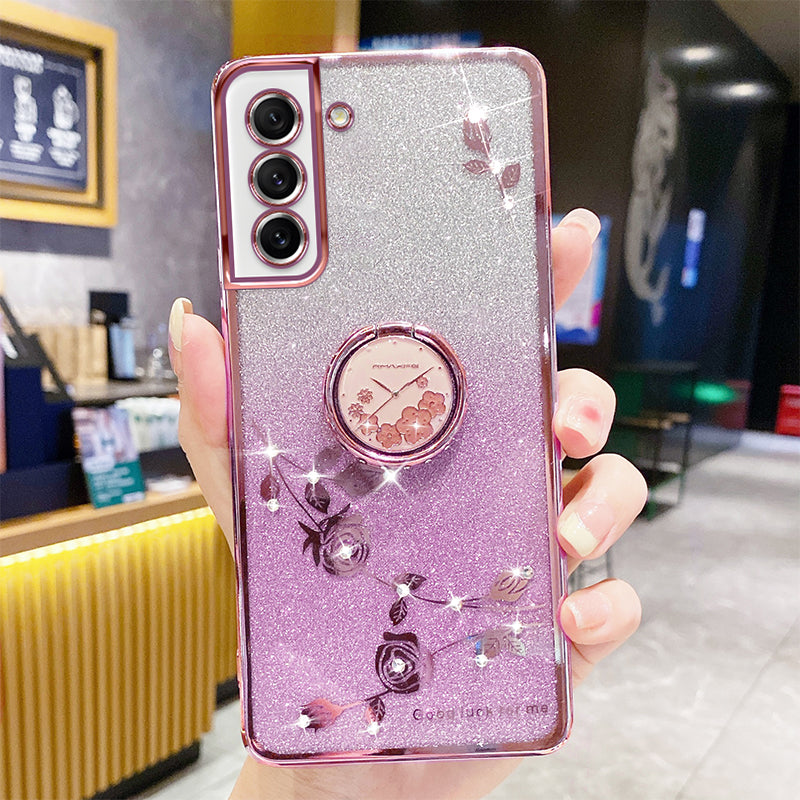 Pro Samsung Galaxy S21 FE 5G Gradient třpytivé pouzdro na telefon s kroužkovým stojánkem květinovým vzorem s drahokamenovým dekorem měkký TPU kryt nárazníku proti pádu Pro Samsung Galaxy S21 FE 5G Gradient třpytivé pouzdro na telefon s kroužkovým stojánkem květinovým vzorem s drahokamenovým dekorem měkký TPU kryt nárazníku proti pádu